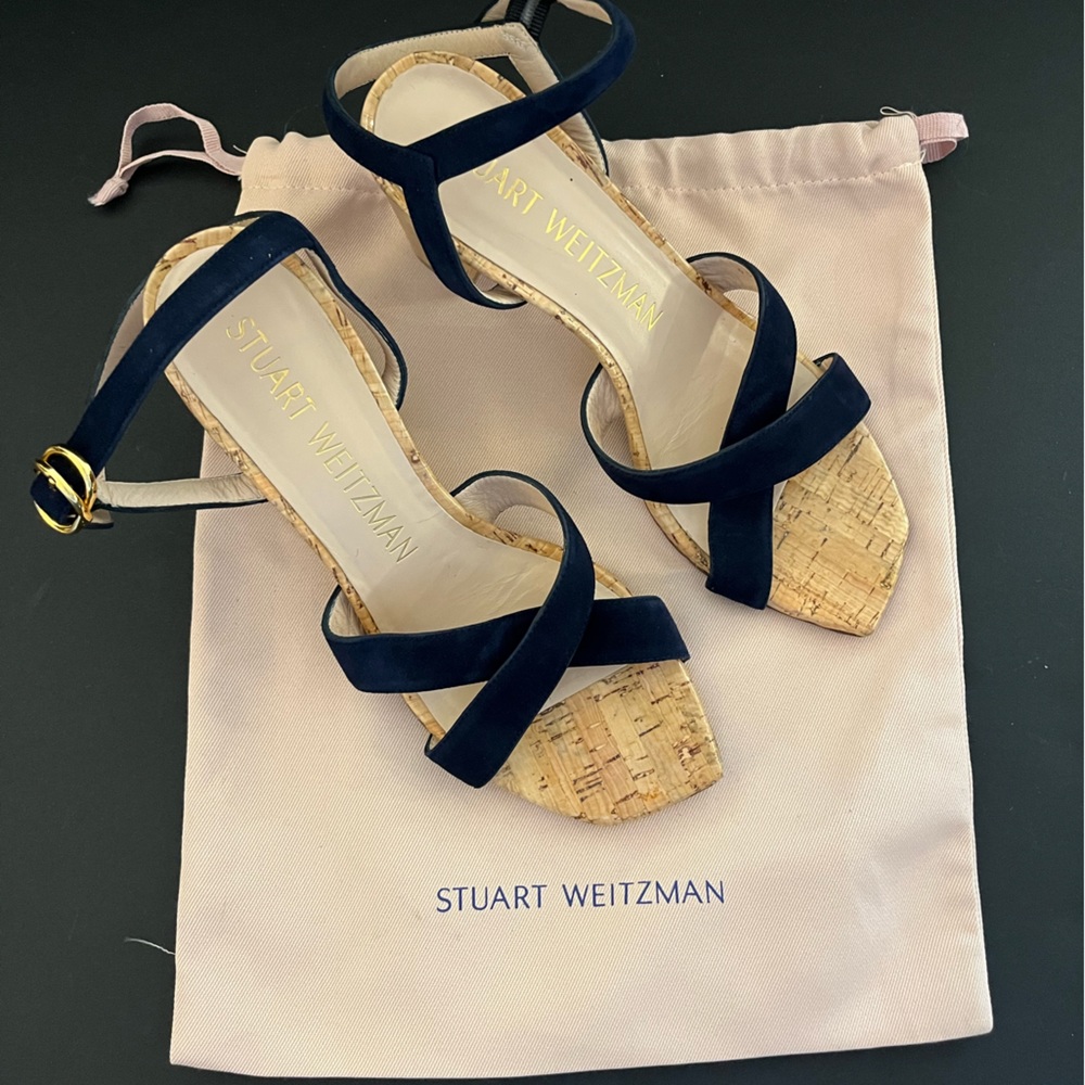 Stuart Weitzman navy blue suede and laquered cork sandals